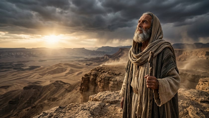 Homem idoso de barba grisalha, com manto e cajado, olha o céu em um deserto.