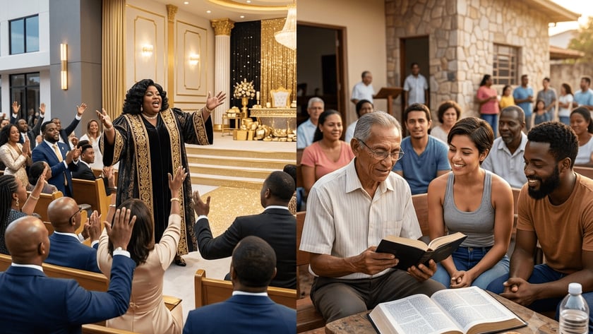 Pregadora de manto dourado em templo luxuoso, ao lado de grupo lendo a Bíblia ao ar livre.