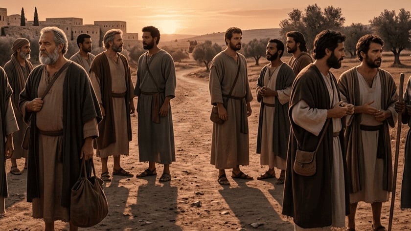 Grupo de homens com túnicas e mantos em estrada de terra ao entardecer.