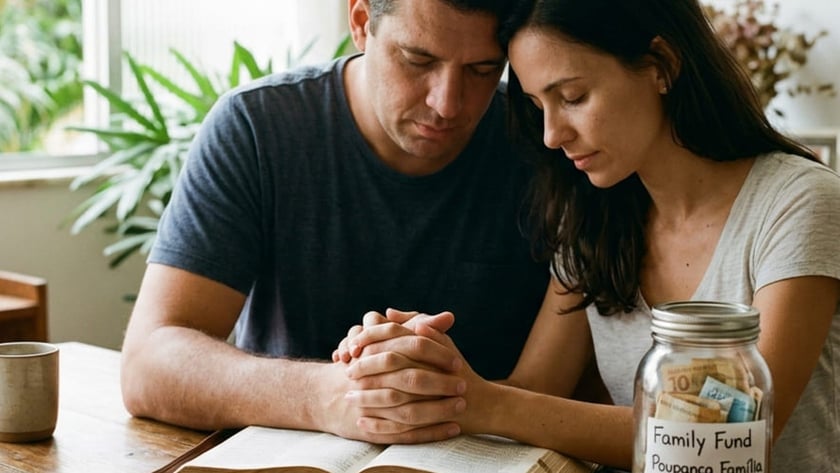 Casal com as cabeças juntas e mãos unidas sobre uma Bíblia aberta