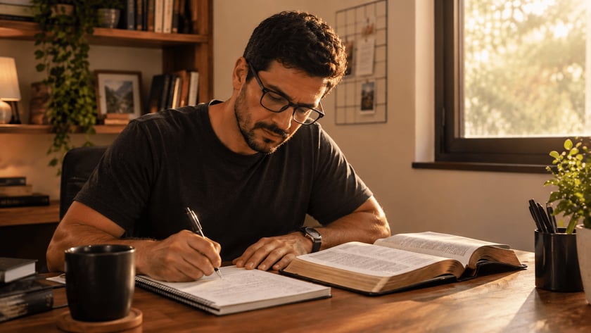 Homem de óculos e barba escreve em um caderno ao lado de uma Bíblia aberta.
