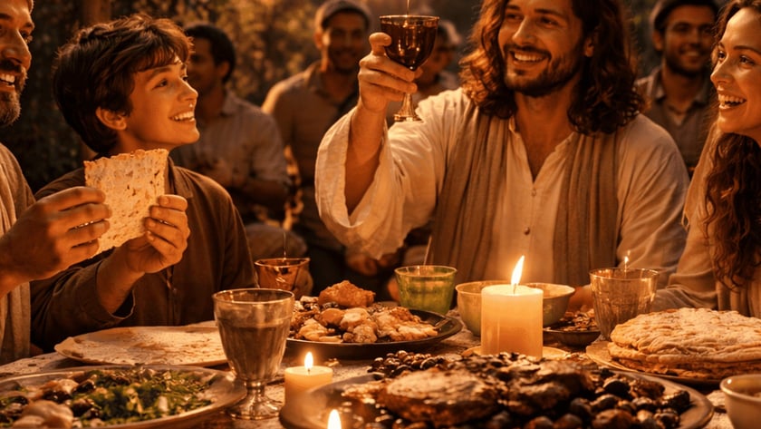 Homem de cabelos longos ergue um cálice à mesa com pessoas sorrindo, pães sem fermento e velas.