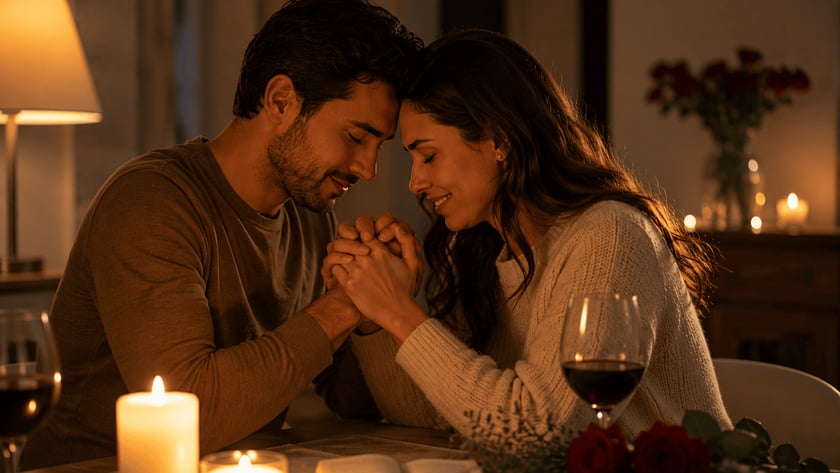 Casal sentado à mesa, de olhos fechados, com as testas encostadas e as mãos unidas.