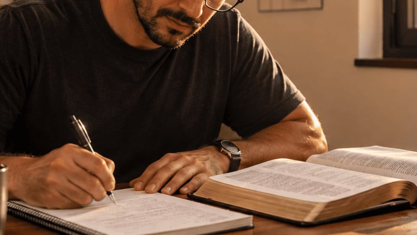 Homem de óculos e barba escreve em um caderno ao lado de uma Bíblia aberta.