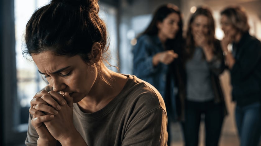 Mulher de coque, de olhos fechados e mãos juntas, enquanto duas mulheres ao fundo cochicham.