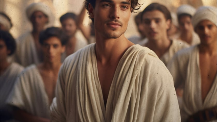 Jovem de cabelo cacheado e túnica clara, em primeiro plano, diante de homens em trajes brancos.