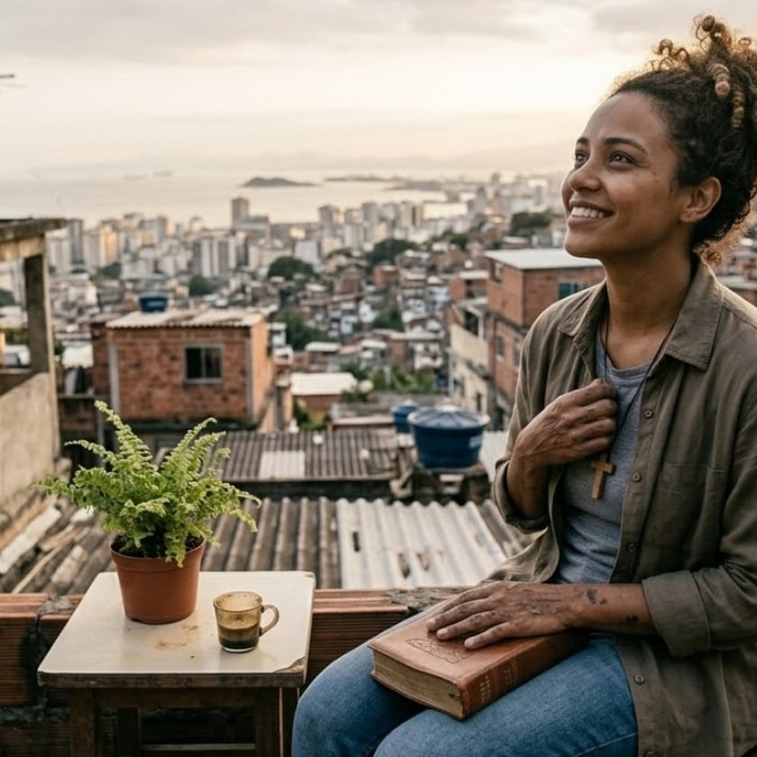 Mulher sorridente com Bíblia no colo e cruz no peito, numa varanda sobre uma favela.