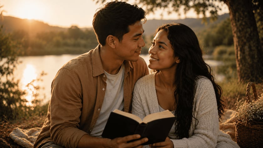Homem e mulher sorriem um para o outro à beira de um lago, com um livro aberto.
