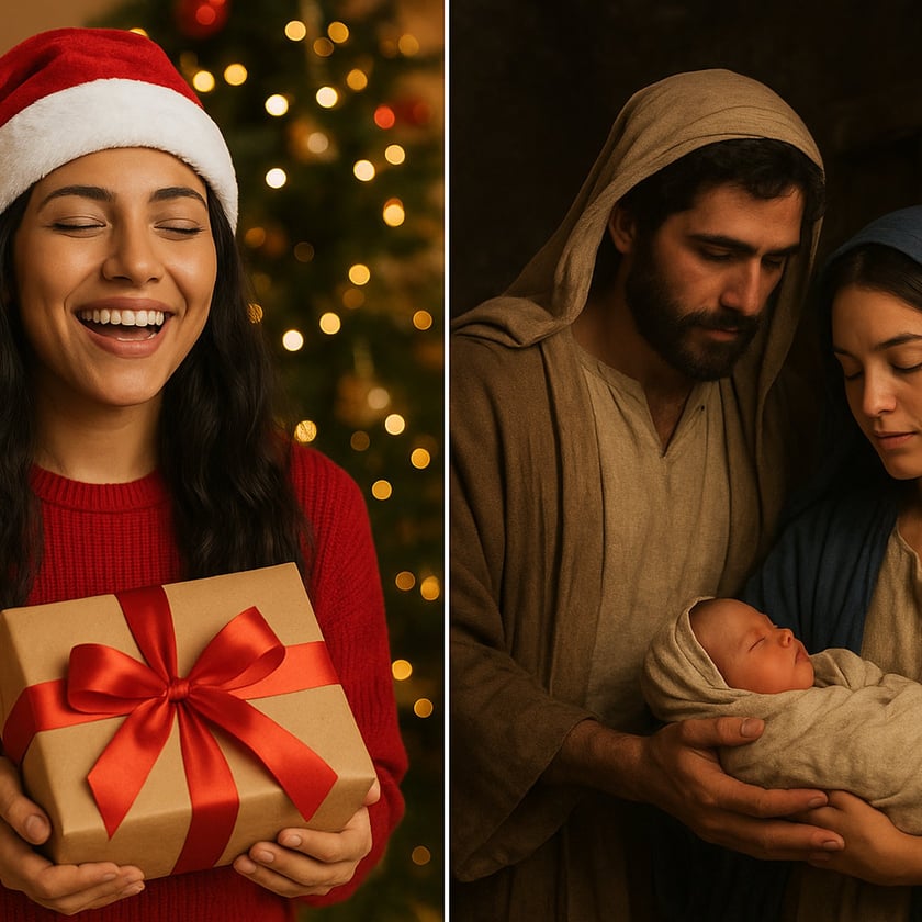 Mulher sorrindo com gorro de Natal segura presente; ao lado, casal embala recém-nascido.
