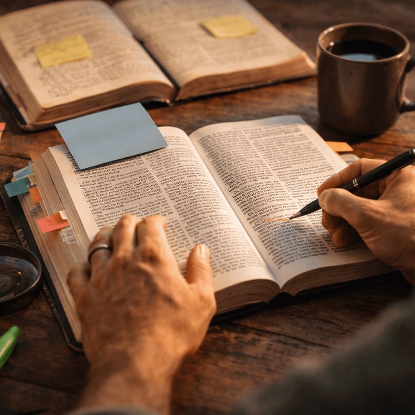 Mão de uma pessoa sobre livro aberto, com caneta, cadernos, lupa e post-its na mesa.
