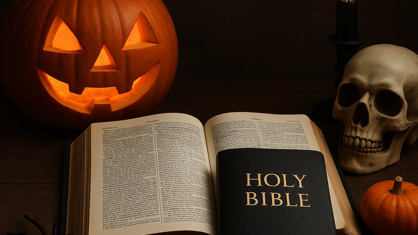 Abóbora esculpida acesa, caveira, vela, aranha e Bíblia aberta sobre mesa: "HOLY BIBLE"