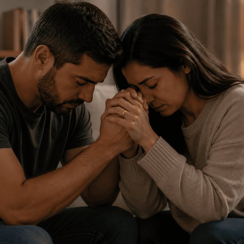 Homem e mulher sentados num sofá, de cabeças encostadas e mãos entrelaçadas, de olhos fechados.