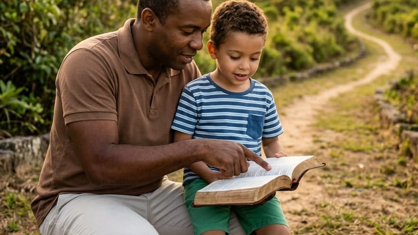Homem e menino leem juntos uma Bíblia aberta ao ar livre, perto de uma trilha.