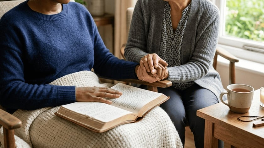 Duas mulheres sentadas de mãos dadas, uma com uma Bíblia aberta no colo, numa sala.
