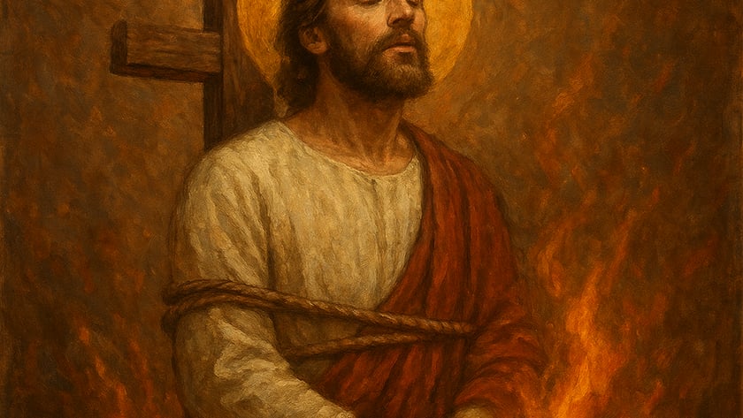 Homem barbudo com auréola, amarrado diante de uma cruz de madeira, cercado por chamas.