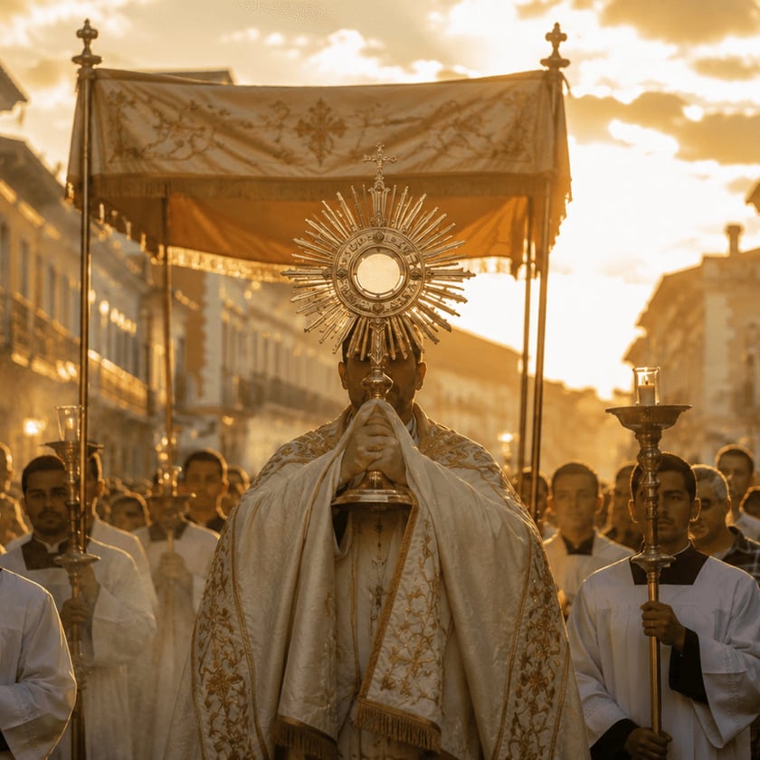 Sacerdote carrega ostensório sob dossel em procissão, seguido por coroinhas com castiçais numa rua.