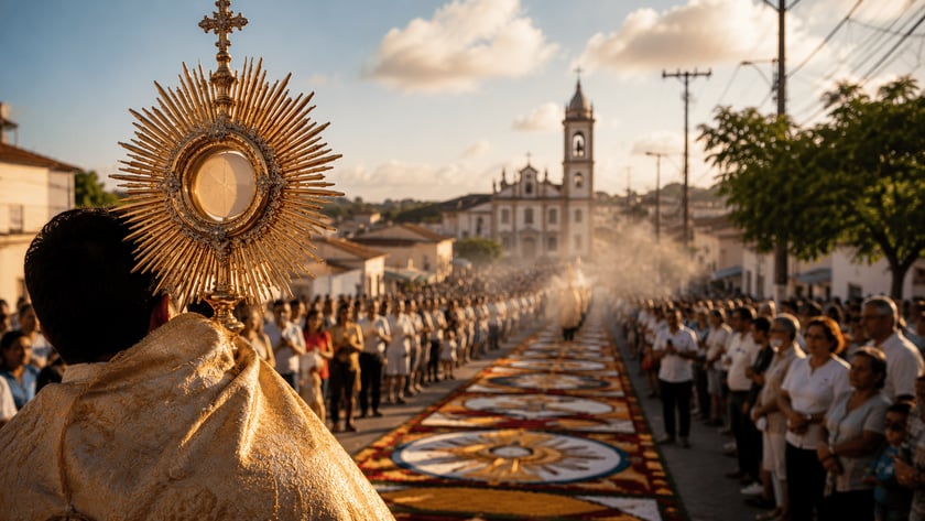 Padre de costas ergue custódia dourada diante de multidão em procissão numa rua com tapete decorado.