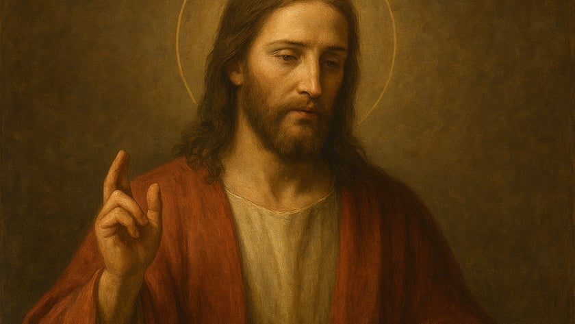 Homem de cabelos longos e barba, com auréola, veste manto vermelho e ergue uma mão.