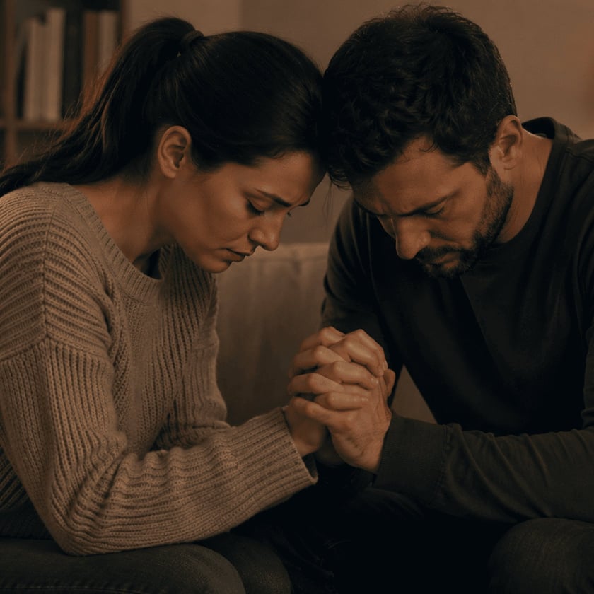 Homem e mulher sentados no sofá, de cabeça baixa, com as mãos unidas.