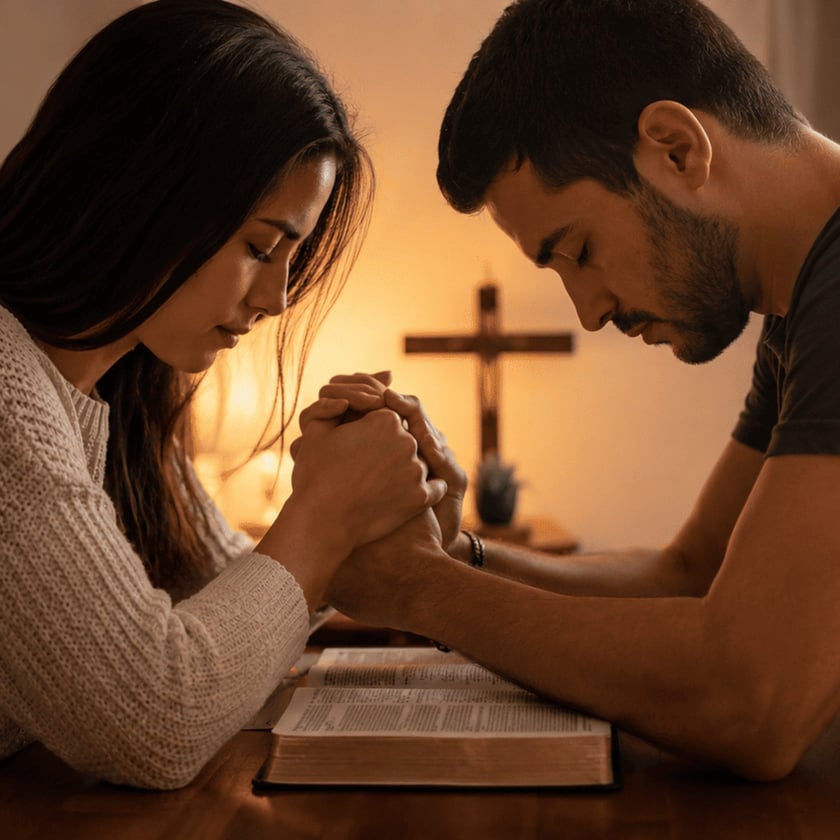 Mulher e homem de cabeça baixa, com as mãos unidas sobre uma Bíblia aberta, diante de uma cruz.
