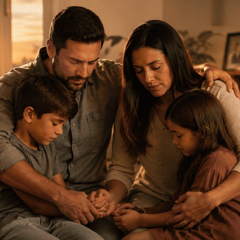 Família de quatro pessoas abraçada na sala, de olhos fechados, com as mãos unidas.