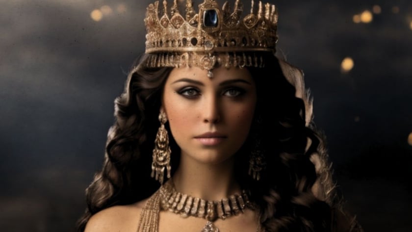 Mulher de cabelos escuros e ondulados usa coroa dourada, joias vistosas e vestido bordado.