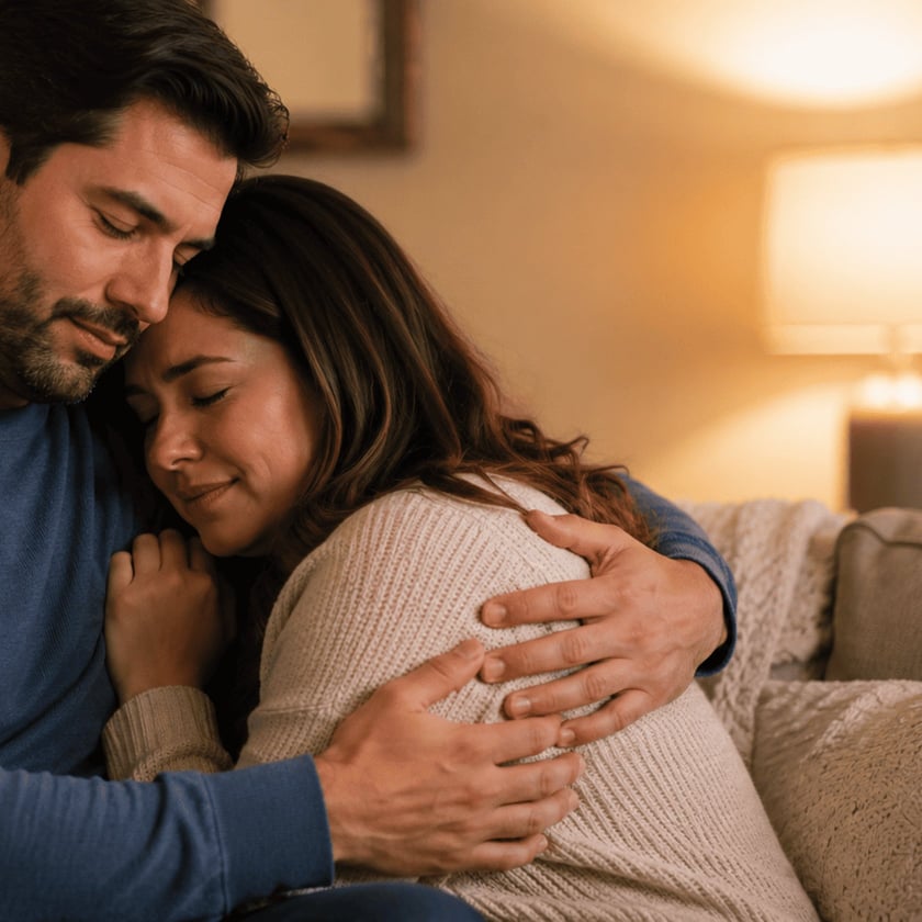 Homem de barba abraça uma mulher de cabelo castanho num sofá, ambos de olhos fechados.