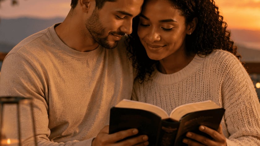 Casal de suéteres claros lê um livro juntos à mesa ao pôr do sol.