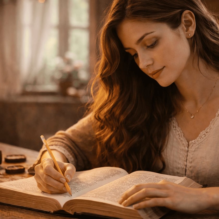 Mulher de cabelo castanho ondulado escreve a lápis em um livro aberto sobre uma mesa de madeira.