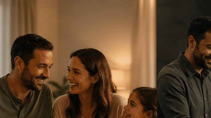 Família com pai, mãe e dois filhos sorrindo à mesa durante uma refeição.