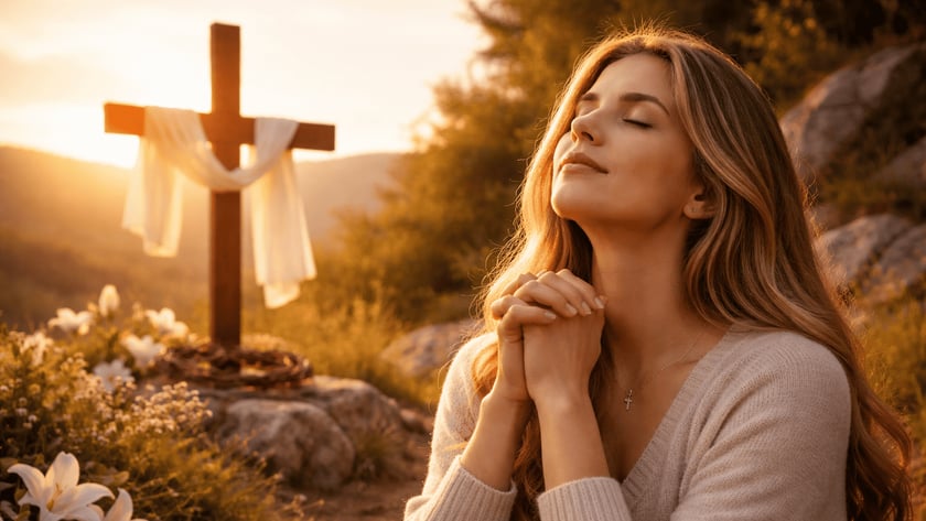 Mulher de cabelos longos reza de mãos unidas diante de uma cruz de madeira com tecido branco.