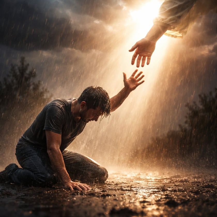 Homem ajoelhado na chuva estende a mão para outra mão que desce do céu.