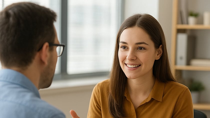 Mulher segurando uma Bíblia aberta conversa com homem de óculos em uma mesa de escritório.
