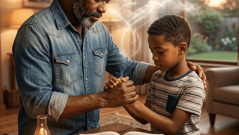 Homem de camisa jeans segura as mãos de um menino que reza, diante de uma Bíblia aberta.