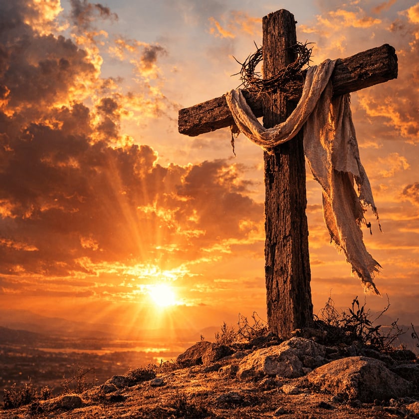 Cruz de madeira com coroa de espinhos e pano rasgado sobre colina ao pôr do sol.