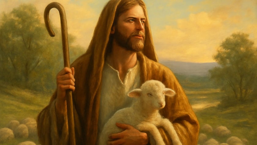 Pastor de barba e manto marrom segura um cordeiro e um cajado entre ovelhas.