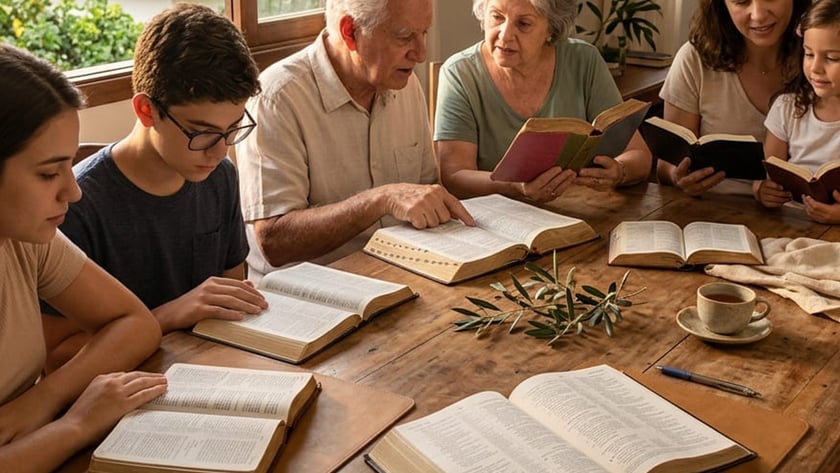 Família de várias gerações lê Bíblias abertas em volta de uma mesa de madeira.