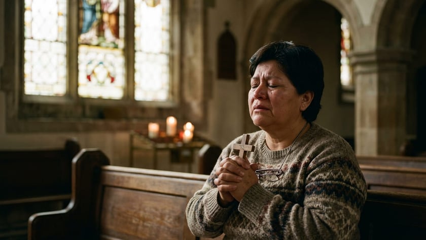 Mulher de cabelo curto segura uma cruz de madeira, sentada em um banco de igreja.