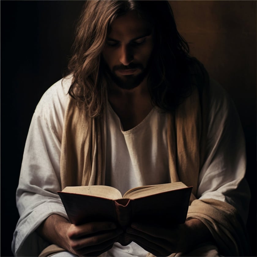 Homem de cabelo comprido e barba, com túnica branca, lê um livro aberto.