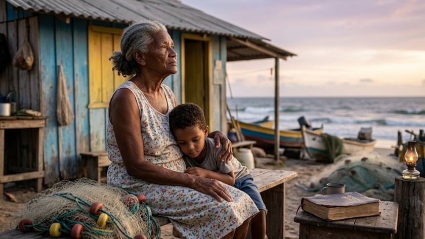 Idosa e menino sentados abraçados em um banco diante de casa de madeira azul, perto do mar.