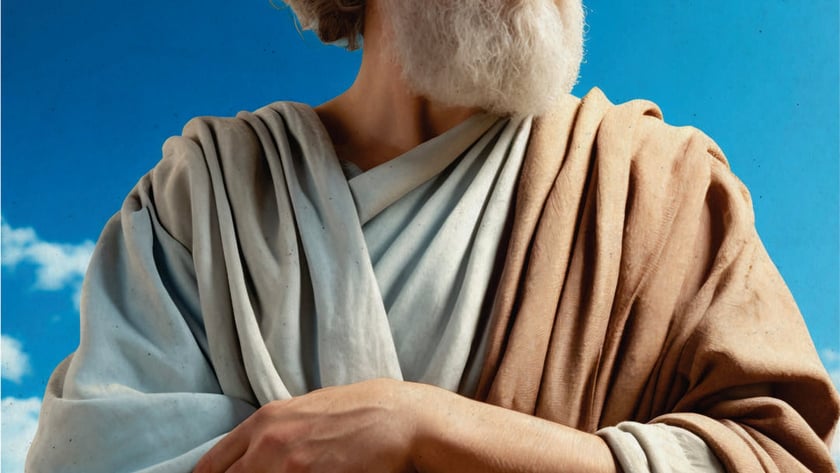 Homem idoso de barba branca e cabelo cacheado, usando túnica, olha para o lado sob o céu azul.