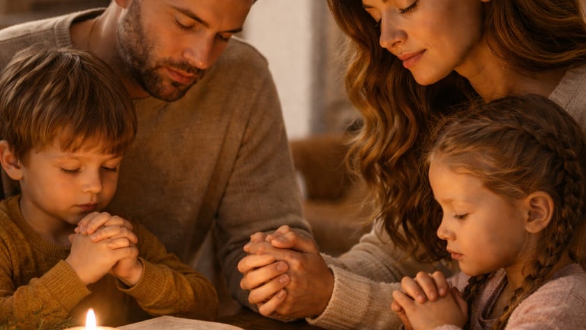 Família de quatro pessoas reza de mãos postas à mesa, com Bíblia aberta e vela.