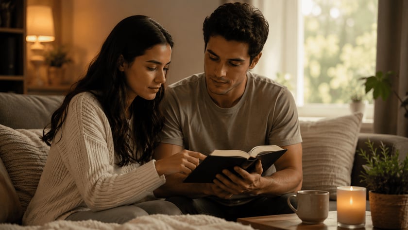 Homem e mulher sentados no sofá leem juntos um livro aberto na sala.