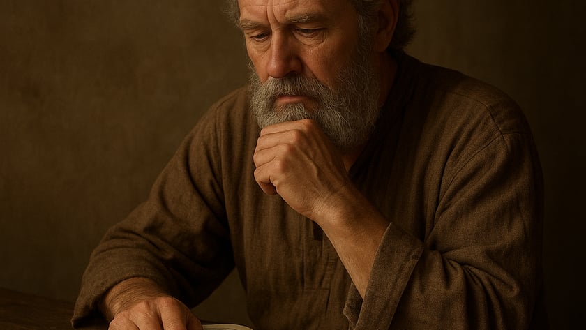 Homem idoso de barba grisalha lê um livro aberto sobre uma mesa de madeira.