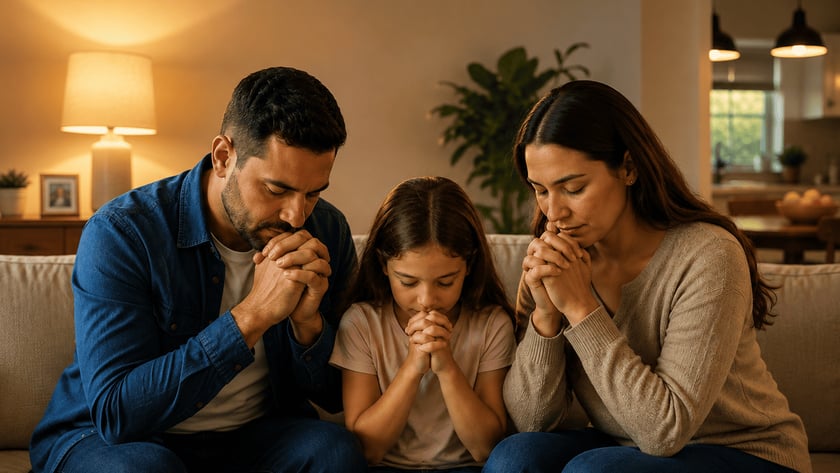 Homem, menina e mulher sentados no sofá de uma sala, de olhos fechados e mãos unidas.