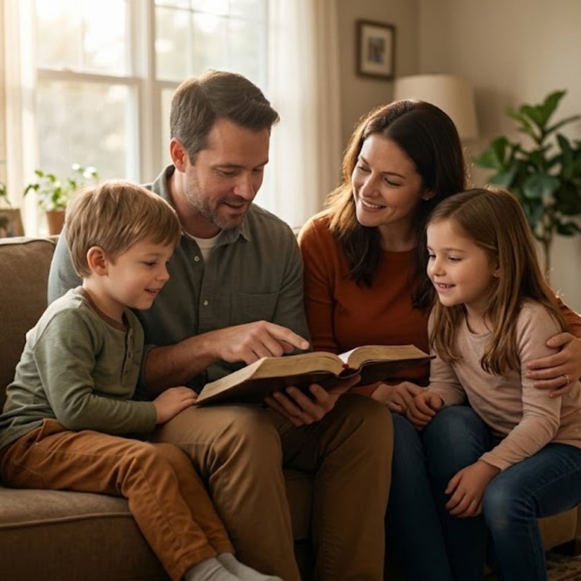Família com dois filhos pequenos olha um livro grande aberto no sofá da sala.