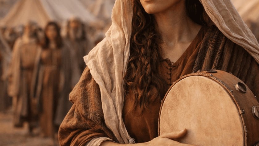 Mulher de manto e véu claro segura um pandeiro diante de tendas no deserto.