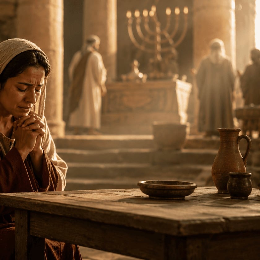 Mulher de véu, de olhos fechados e mãos unidas, ora diante de uma mesa em um templo.