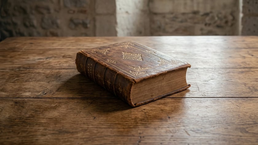 Livro antigo de capa de couro com detalhes dourados sobre mesa de madeira rústica.