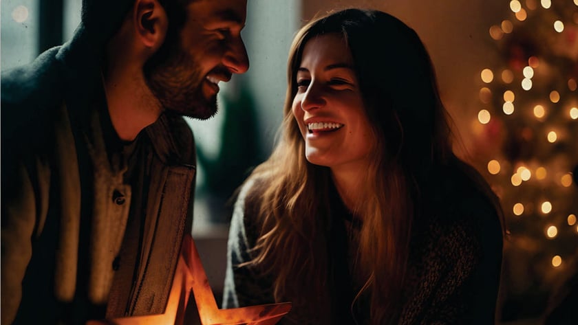 Homem e mulher sorriem um para o outro, segurando uma estrela com vela, perto de árvore de Natal.